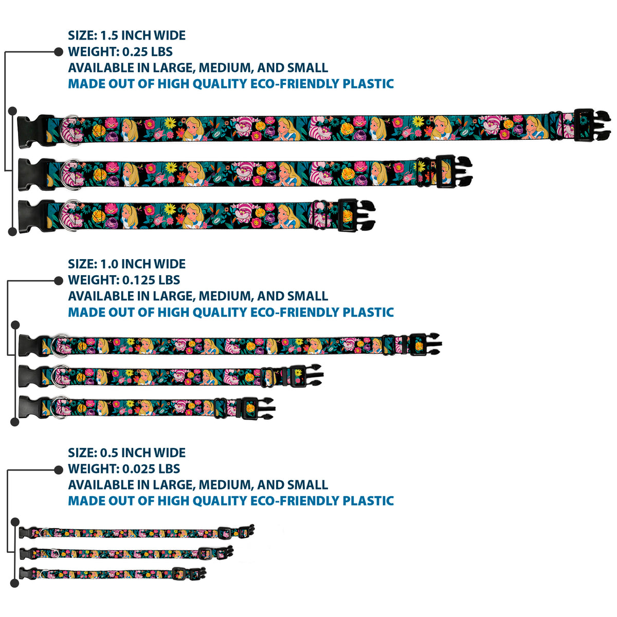 Plastic Clip Collar - Alice/Cheshire Cat/Flowers Poses Black/Multi Color Dog Collars Plastic Clip Side Release Disney