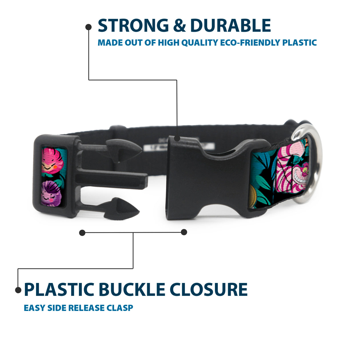 Plastic Clip Collar - Alice/Cheshire Cat/Flowers Poses Black/Multi Color Dog Collars Plastic Clip Side Release Disney
