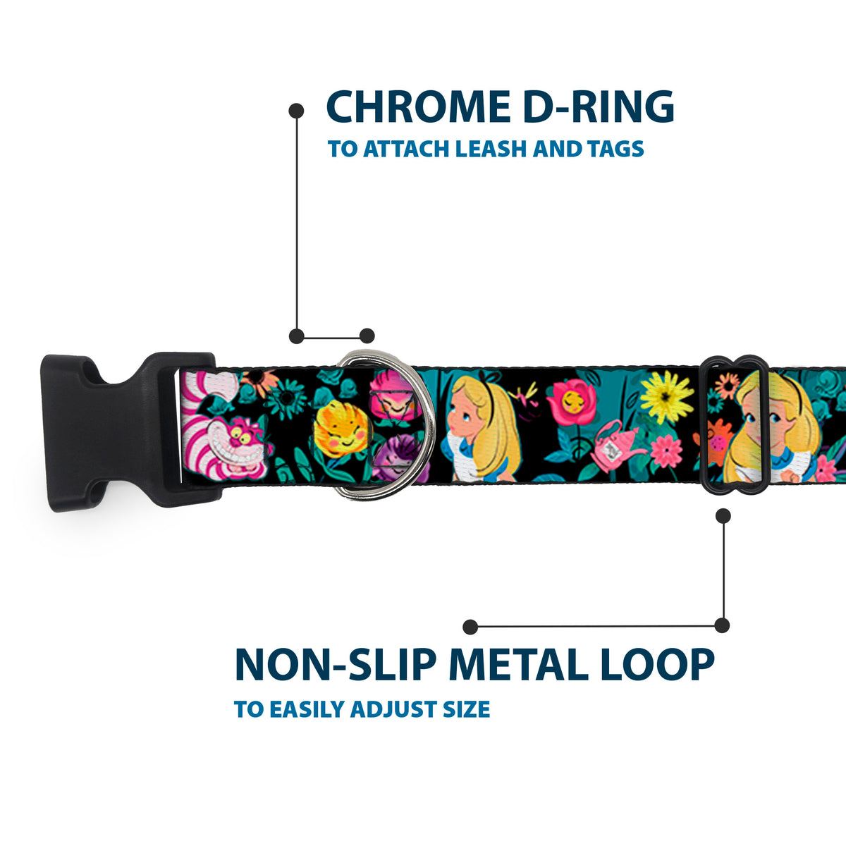Plastic Clip Collar - Alice/Cheshire Cat/Flowers Poses Black/Multi Color Dog Collars Plastic Clip Side Release Disney