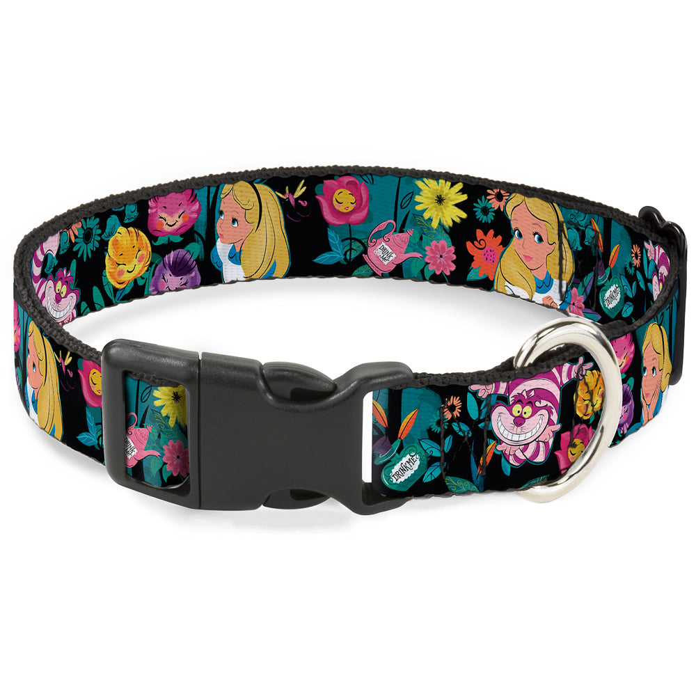 Plastic Clip Collar - Alice/Cheshire Cat/Flowers Poses Black/Multi Color Dog Collars Plastic Clip Side Release Disney