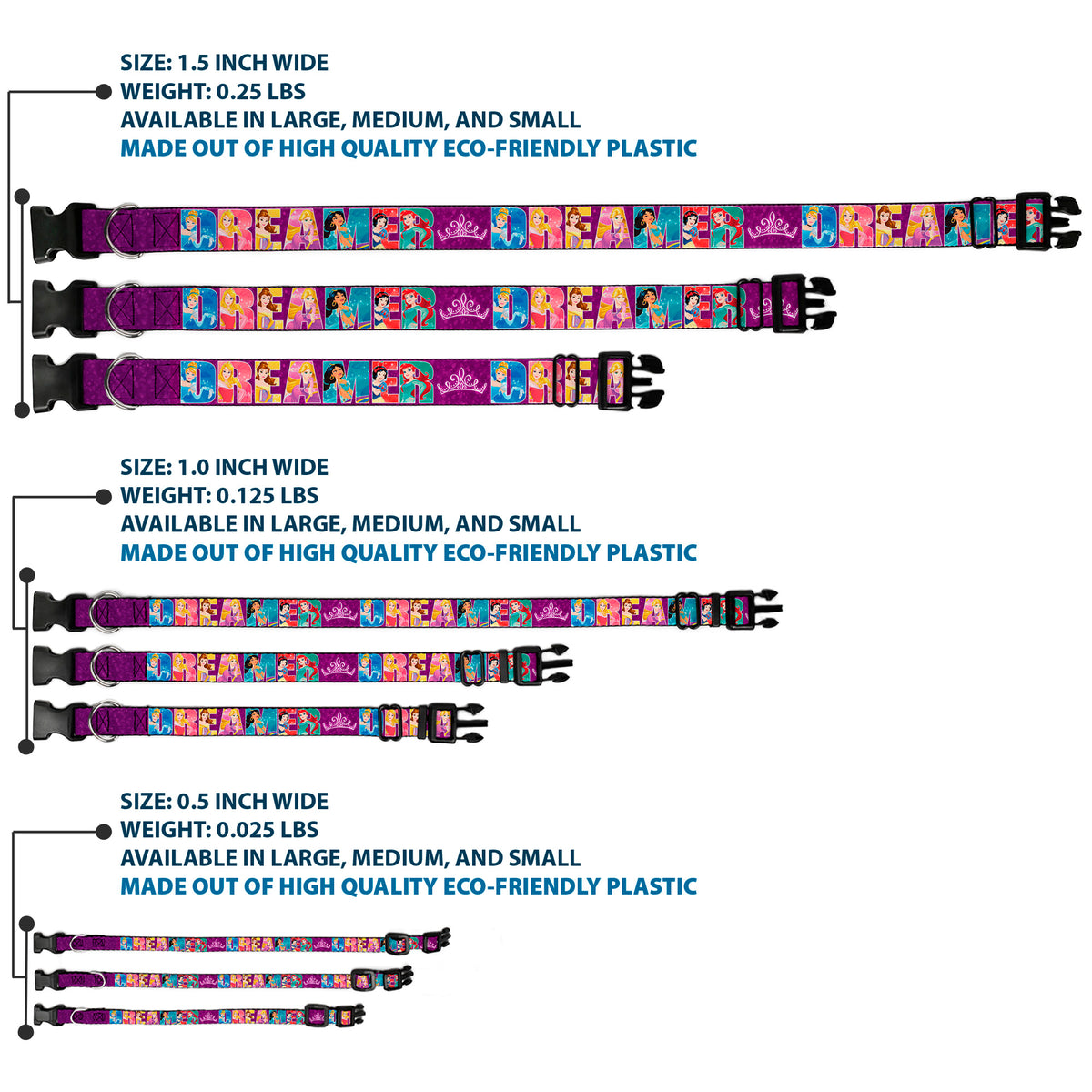 Plastic Clip Collar - Disney DREAMER 7-Sparkling Princesses/Tiara Purple/White Dog Collars Plastic Clip Side Release Disney