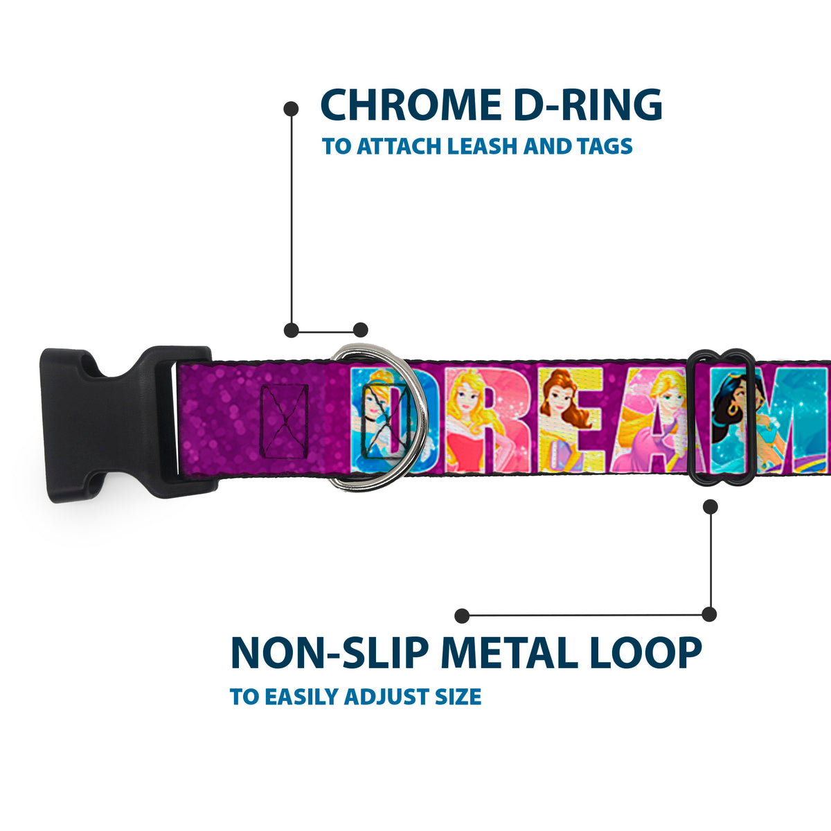 Plastic Clip Collar - Disney DREAMER 7-Sparkling Princesses/Tiara Purple/White Dog Collars Plastic Clip Side Release Disney