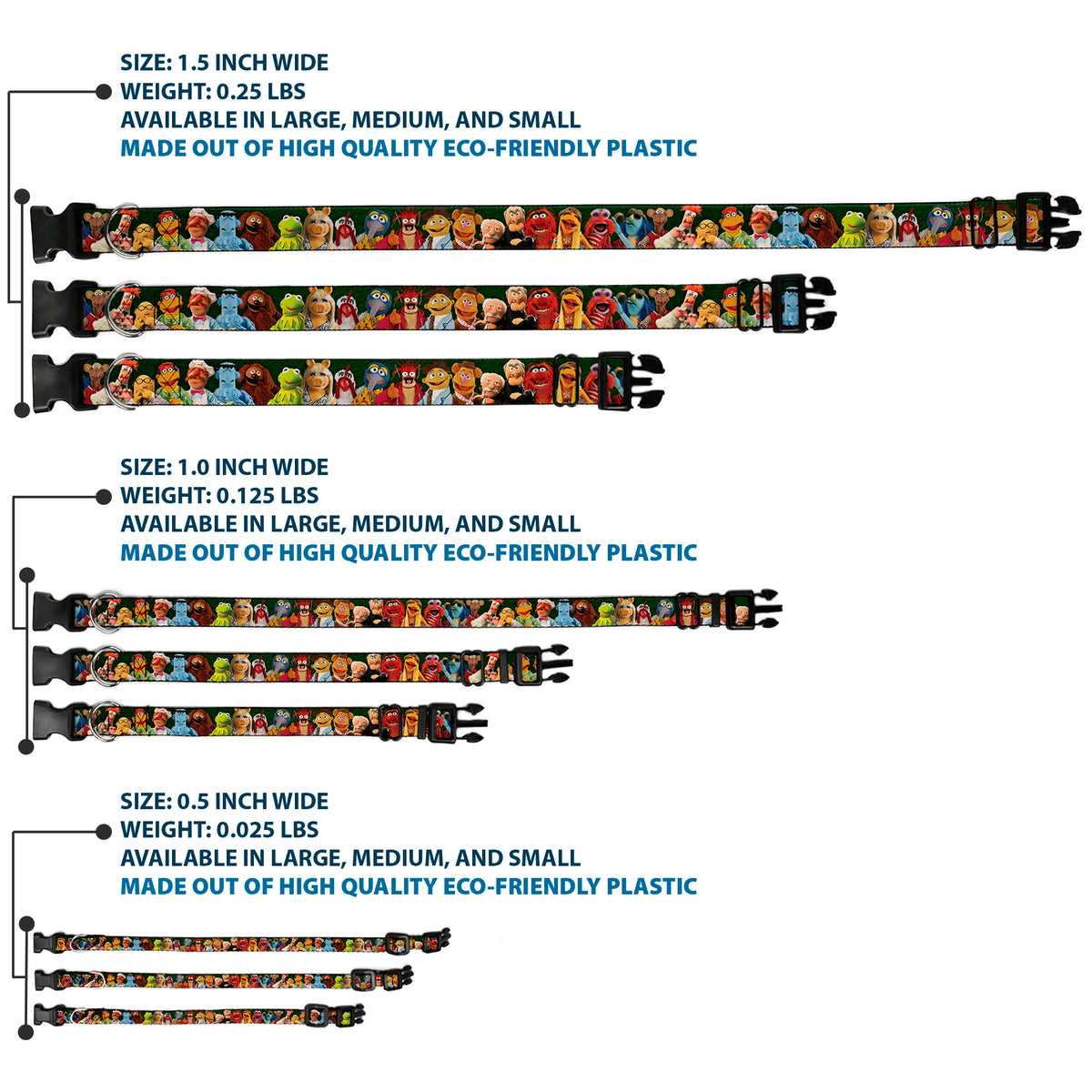 Plastic Clip Collar - Muppets 20-Character Group Pose Greens Dog Collars Plastic Clip Side Release Disney
