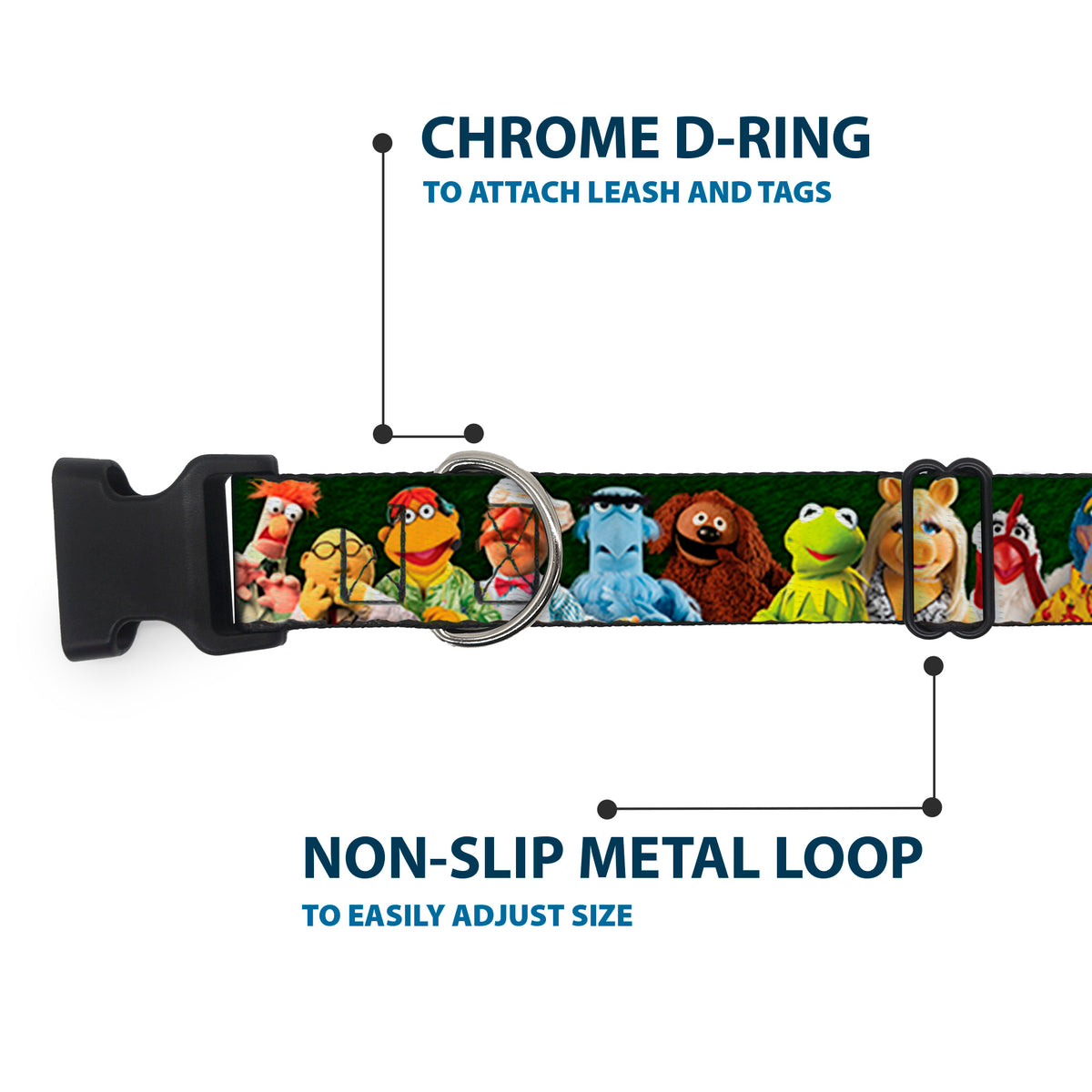 Plastic Clip Collar - Muppets 20-Character Group Pose Greens Dog Collars Plastic Clip Side Release Disney