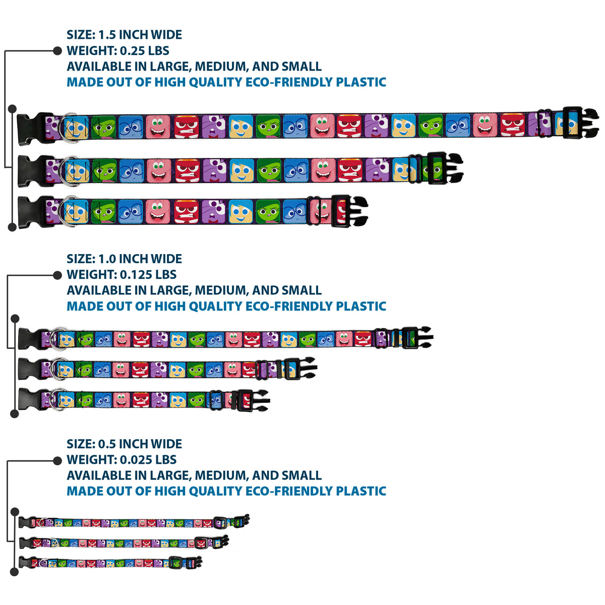 Plastic Clip Collar - Inside Out 6-Character Esxpression Blocks Purple/Multi Color Dog Collars Plastic Clip Side Release Disney