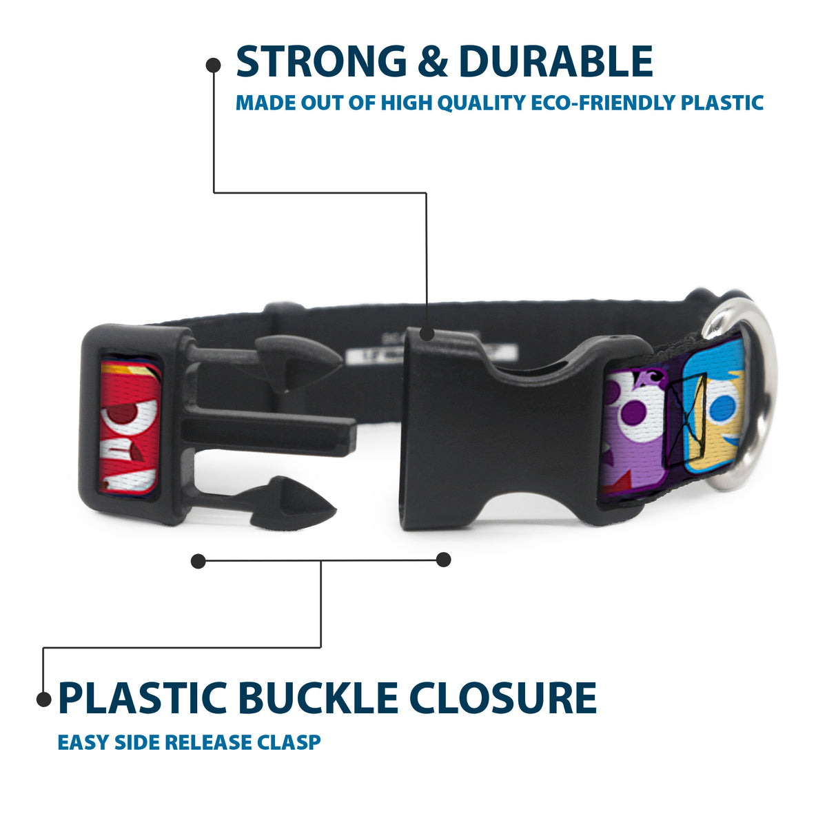 Plastic Clip Collar - Inside Out 6-Character Esxpression Blocks Purple/Multi Color Dog Collars Plastic Clip Side Release Disney