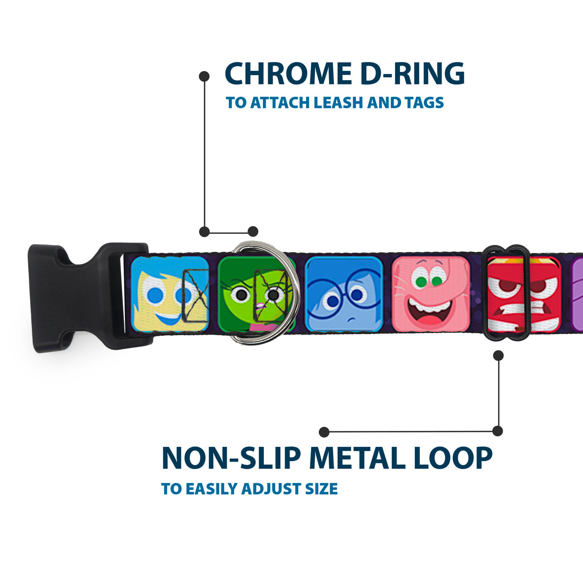 Plastic Clip Collar - Inside Out 6-Character Esxpression Blocks Purple/Multi Color Dog Collars Plastic Clip Side Release Disney