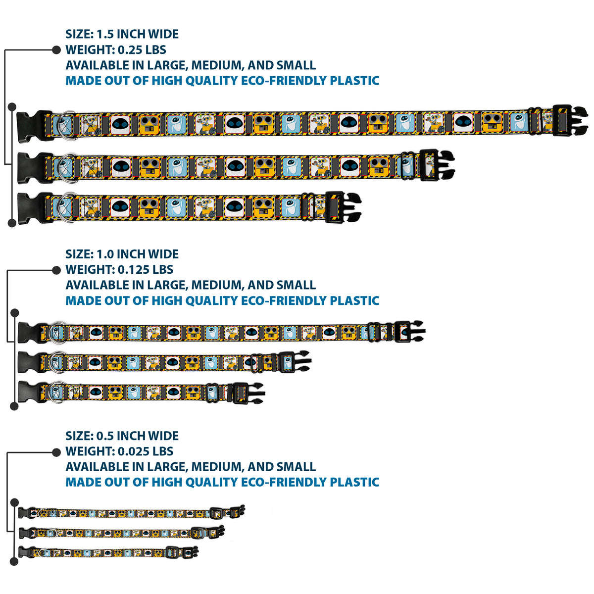 Plastic Clip Collar - WALL-E & EVE Pose/Face Hazard Blocks Gray/Yellow/Black Dog Collars Plastic Clip Side Release Disney