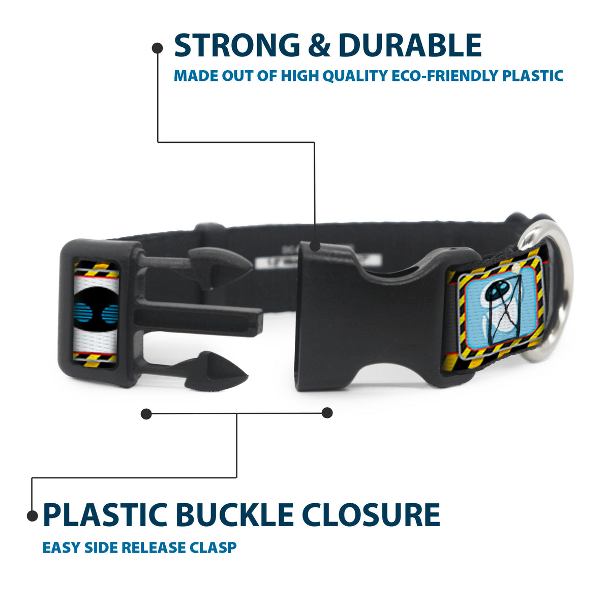 Plastic Clip Collar - WALL-E & EVE Pose/Face Hazard Blocks Gray/Yellow/Black Dog Collars Plastic Clip Side Release Disney