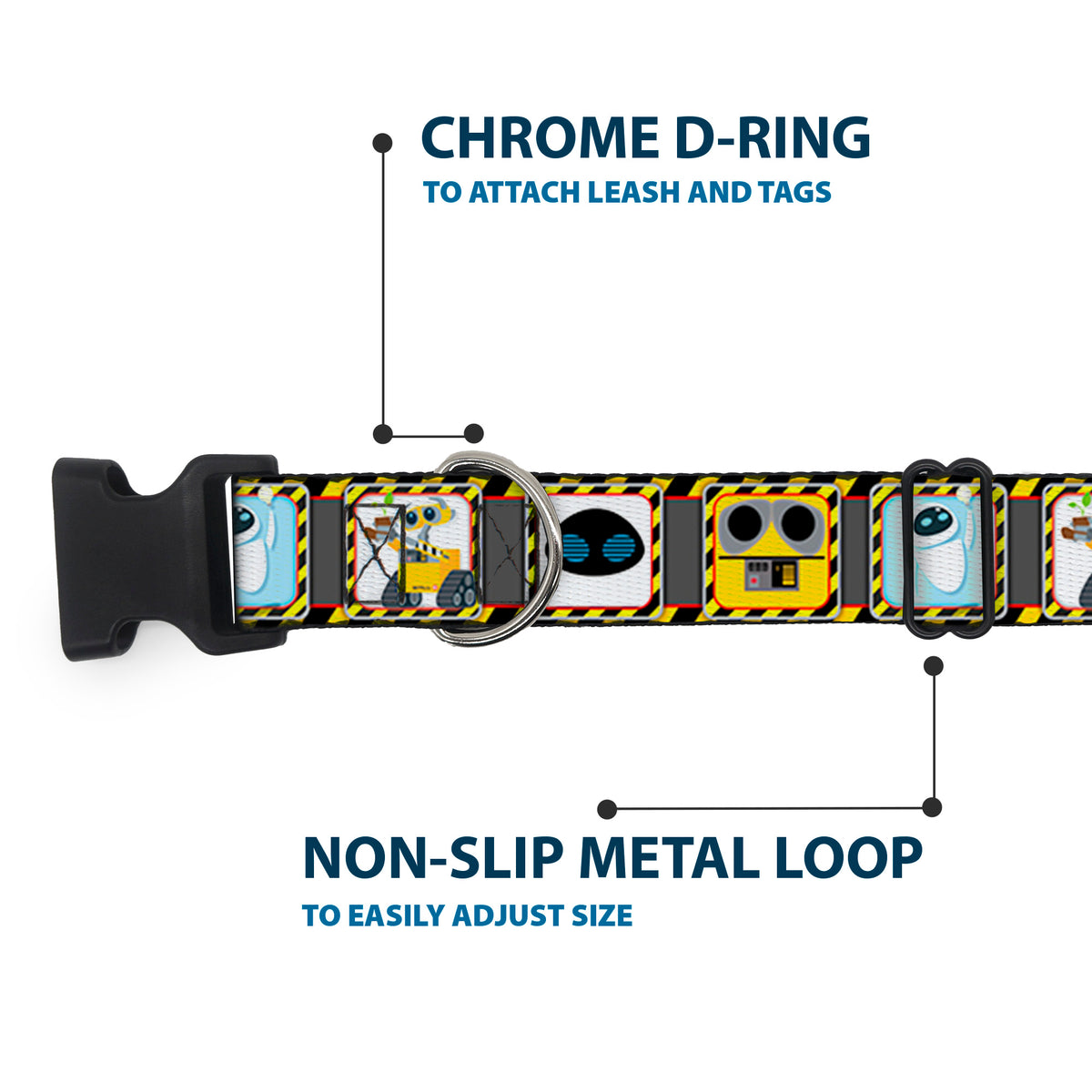 Plastic Clip Collar - WALL-E & EVE Pose/Face Hazard Blocks Gray/Yellow/Black Dog Collars Plastic Clip Side Release Disney