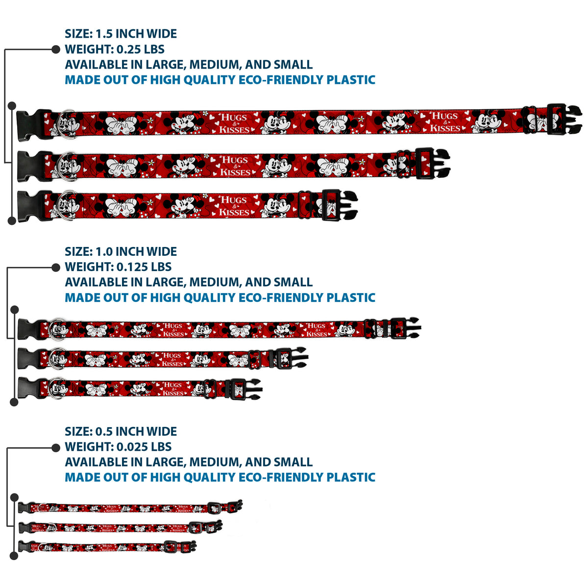 Plastic Clip Collar - Mickey & Minnie HUGS & KISSES Poses Reds/White Dog Collars Plastic Clip Side Release Disney