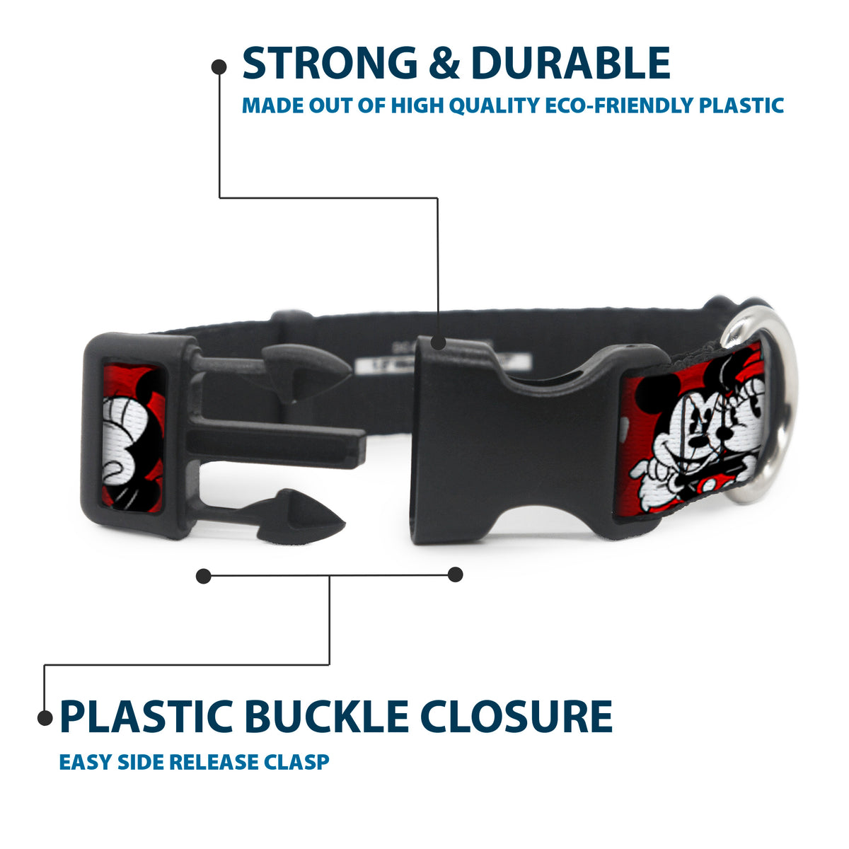 Plastic Clip Collar - Mickey & Minnie HUGS & KISSES Poses Reds/White Dog Collars Plastic Clip Side Release Disney