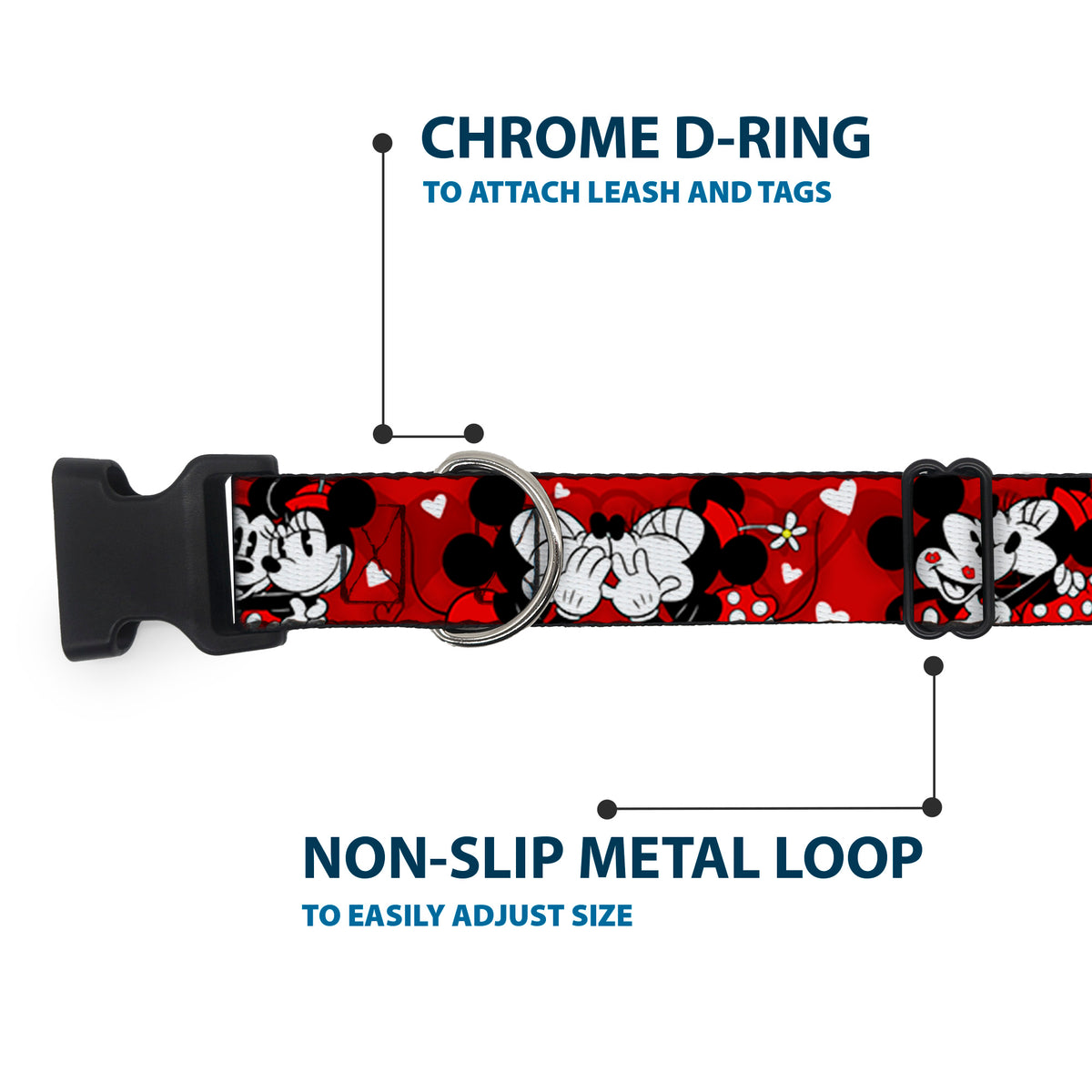 Plastic Clip Collar - Mickey & Minnie HUGS & KISSES Poses Reds/White Dog Collars Plastic Clip Side Release Disney