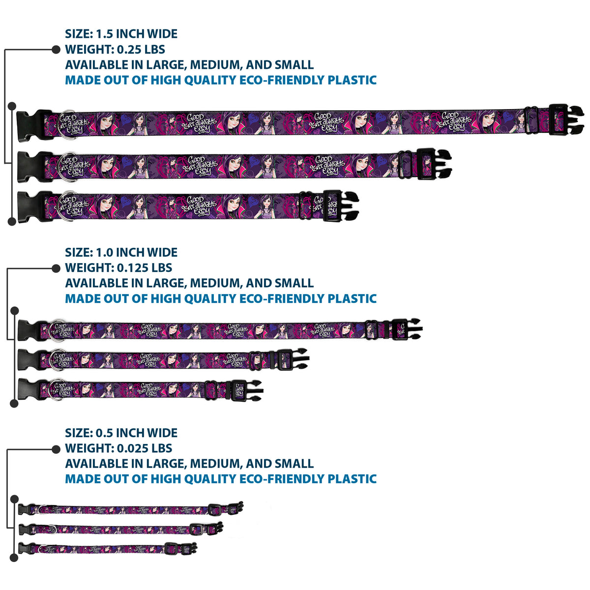 Plastic Clip Collar - Descendants Mal 3-Poses GOOD ISN'T ALWAYS/Hearts/Dragons EASY Purples/Pinks Dog Collars Plastic Clip Side Release Disney