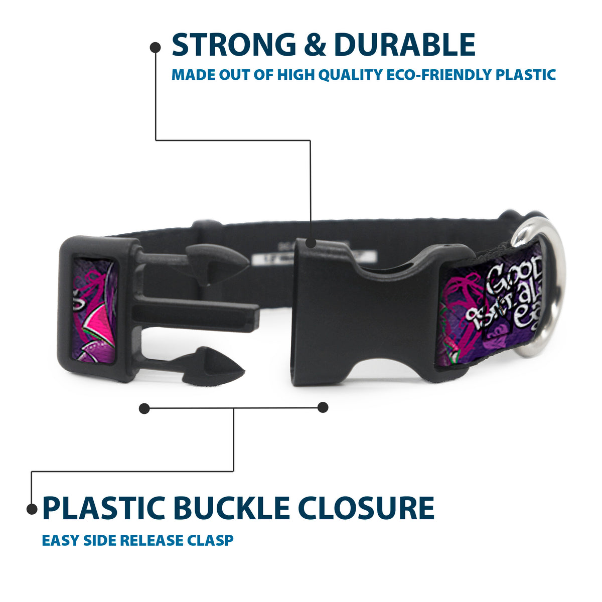 Plastic Clip Collar - Descendants Mal 3-Poses GOOD ISN'T ALWAYS/Hearts/Dragons EASY Purples/Pinks Dog Collars Plastic Clip Side Release Disney