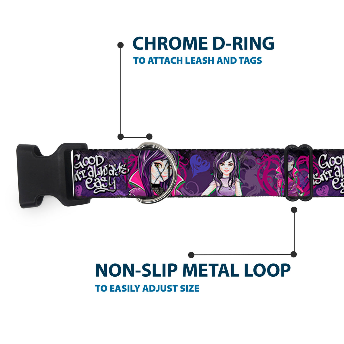 Plastic Clip Collar - Descendants Mal 3-Poses GOOD ISN'T ALWAYS/Hearts/Dragons EASY Purples/Pinks Dog Collars Plastic Clip Side Release Disney