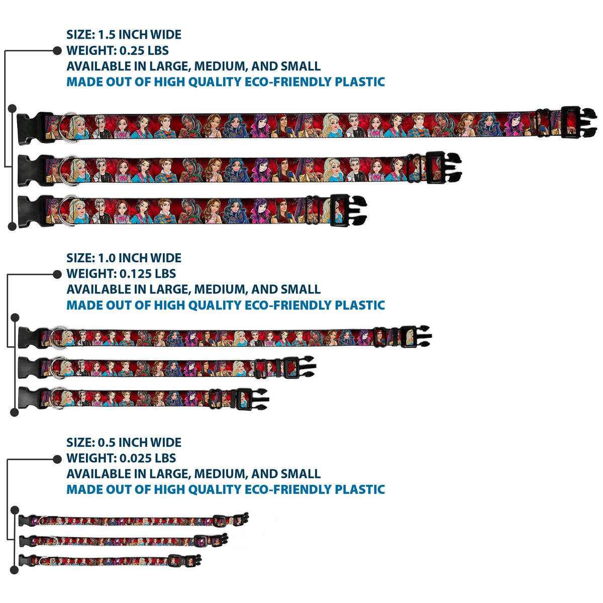 Plastic Clip Collar - Descendants 11-Character Group Pose Reds/Gray Dog Collars Plastic Clip Side Release Disney