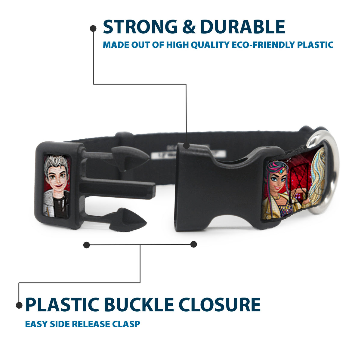 Plastic Clip Collar - Descendants 11-Character Group Pose Reds/Gray Dog Collars Plastic Clip Side Release Disney