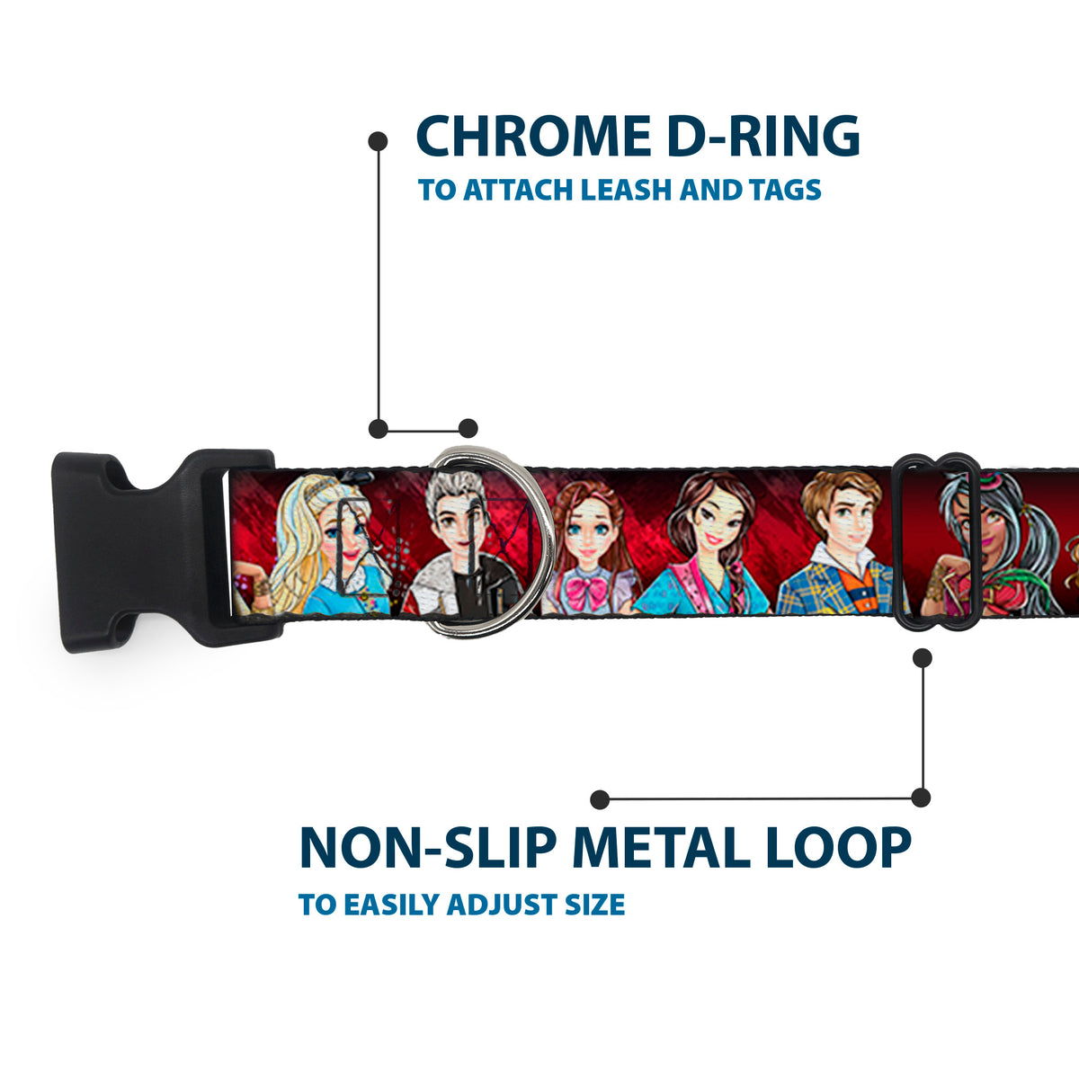Plastic Clip Collar - Descendants 11-Character Group Pose Reds/Gray Dog Collars Plastic Clip Side Release Disney
