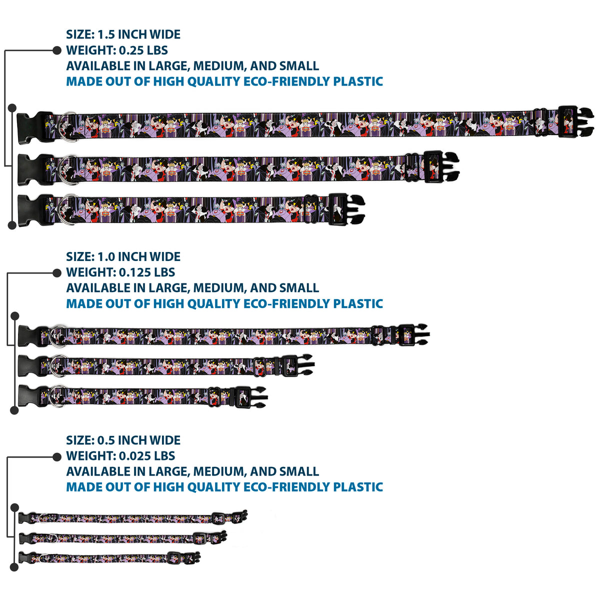 Plastic Clip Collar - 5-Disney Villains Stacked Dog Collars Plastic Clip Side Release Disney