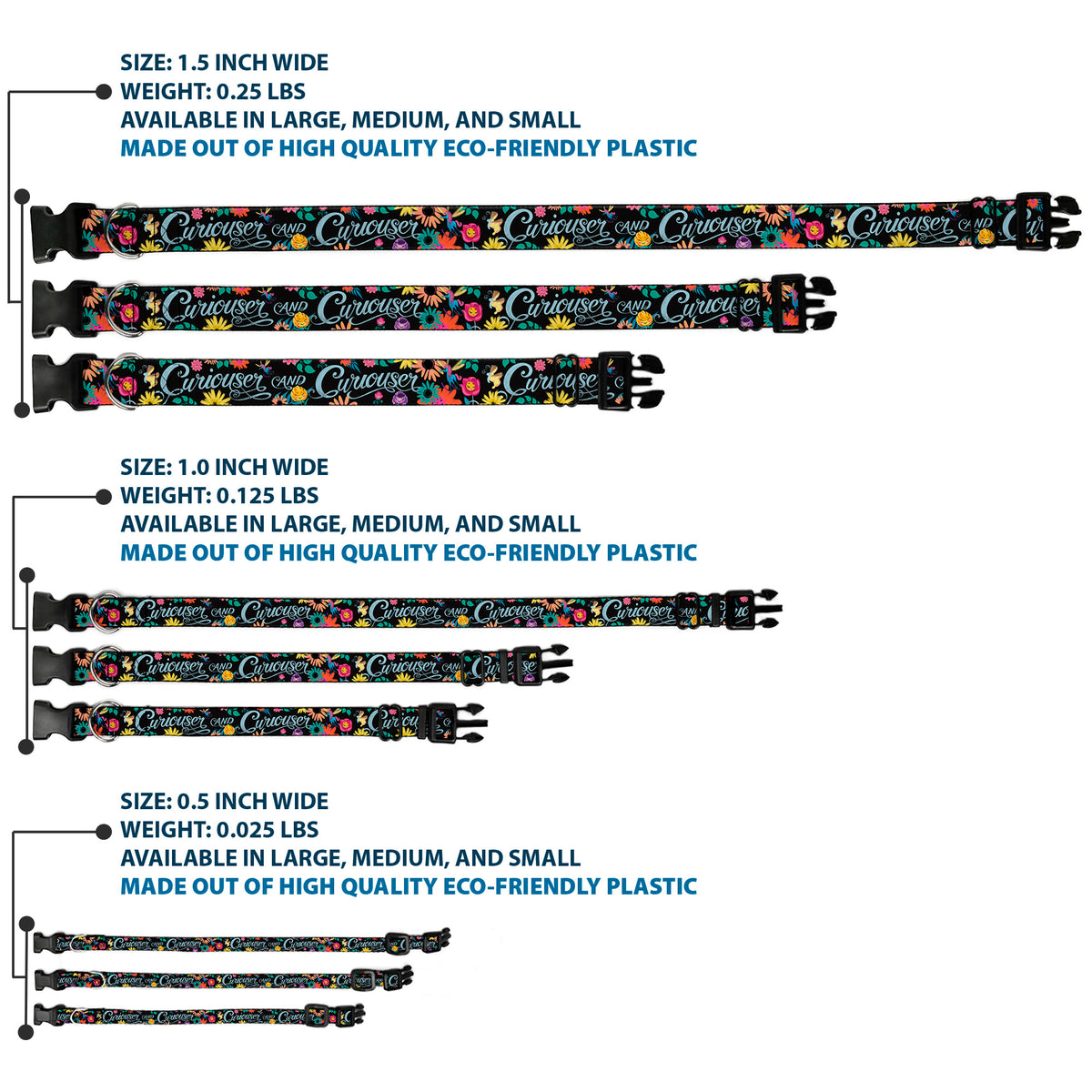 Plastic Clip Collar - CURIOUSER AND CURIOUSER/Flowers of Wonderland Collage Dog Collars Plastic Clip Side Release Disney