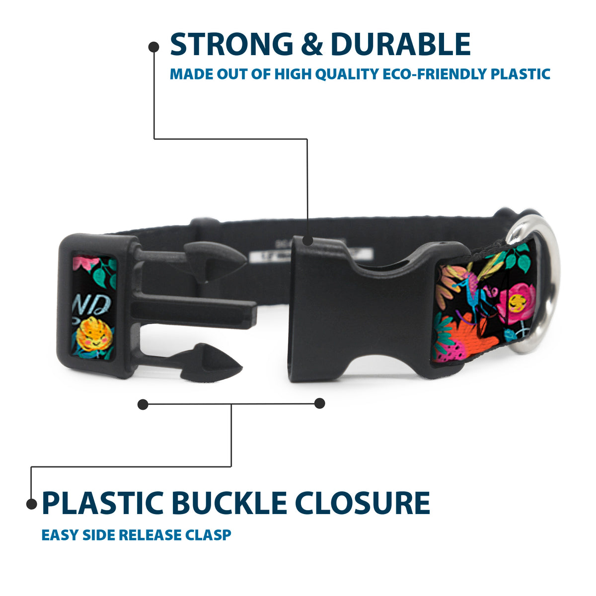 Plastic Clip Collar - CURIOUSER AND CURIOUSER/Flowers of Wonderland Collage Dog Collars Plastic Clip Side Release Disney