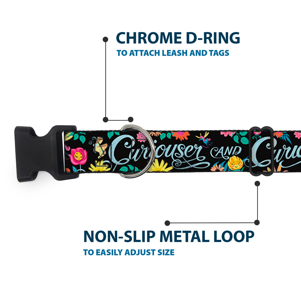 Plastic Clip Collar - CURIOUSER AND CURIOUSER/Flowers of Wonderland Collage Dog Collars Plastic Clip Side Release Disney