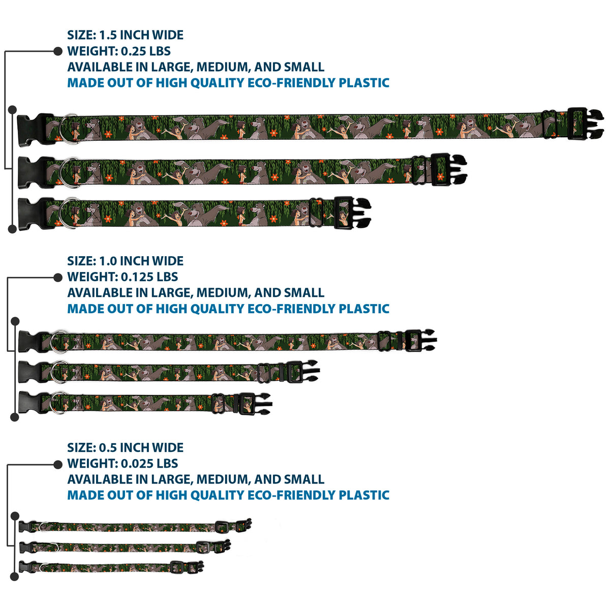 Plastic Clip Collar - Mowgli & Baloo 3-Poses Leaves/Flowers Greens/Orange Dog Collars Plastic Clip Side Release Disney