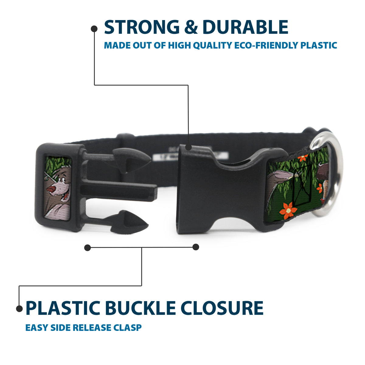 Plastic Clip Collar - Mowgli & Baloo 3-Poses Leaves/Flowers Greens/Orange Dog Collars Plastic Clip Side Release Disney