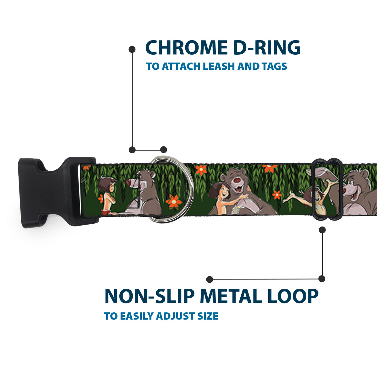 Plastic Clip Collar - Mowgli & Baloo 3-Poses Leaves/Flowers Greens/Orange Dog Collars Plastic Clip Side Release Disney