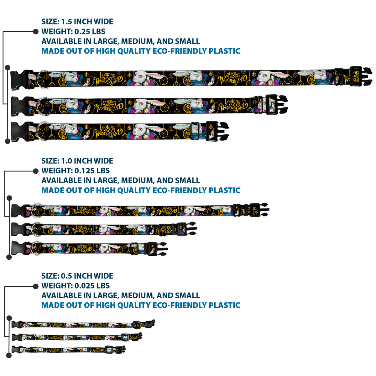 Plastic Clip Collar - White Rabbit Poses LOOKING FOR WONDERLAND/Clocks Black/Golds Dog Collars Plastic Clip Side Release Disney
