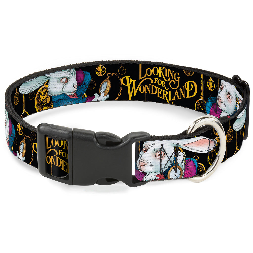Plastic Clip Collar - White Rabbit Poses LOOKING FOR WONDERLAND/Clocks Black/Golds Dog Collars Plastic Clip Side Release Disney