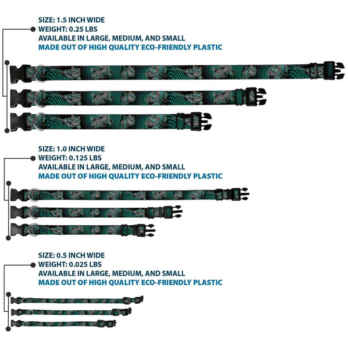 Plastic Clip Collar - Cheshire Cat 4-Poses Checkers Teal/Black Dog Collars Plastic Clip Side Release Disney