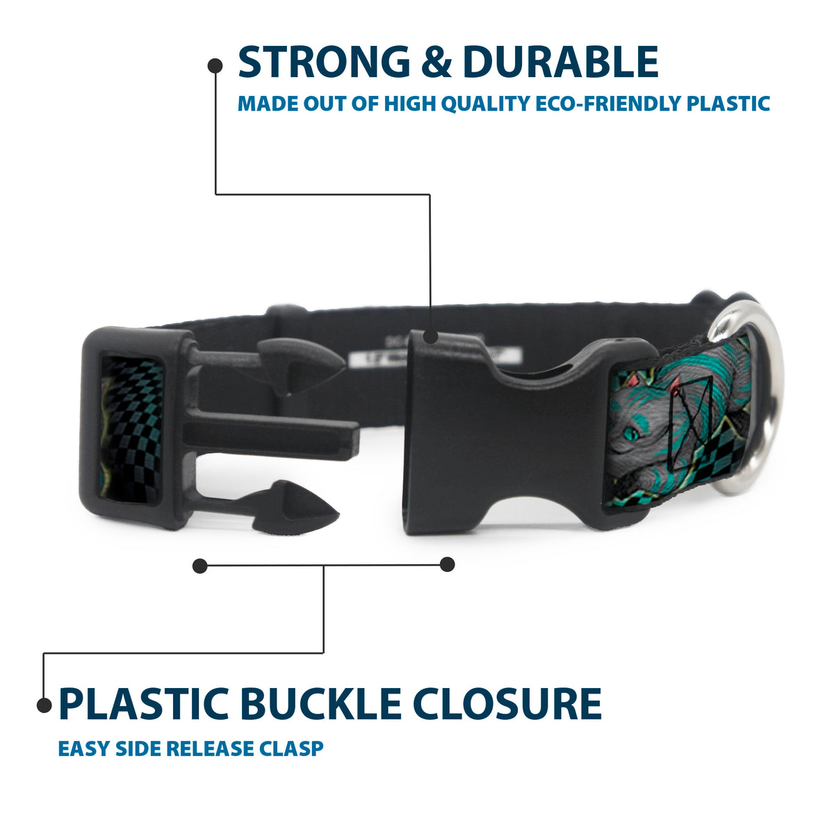 Plastic Clip Collar - Cheshire Cat 4-Poses Checkers Teal/Black Dog Collars Plastic Clip Side Release Disney