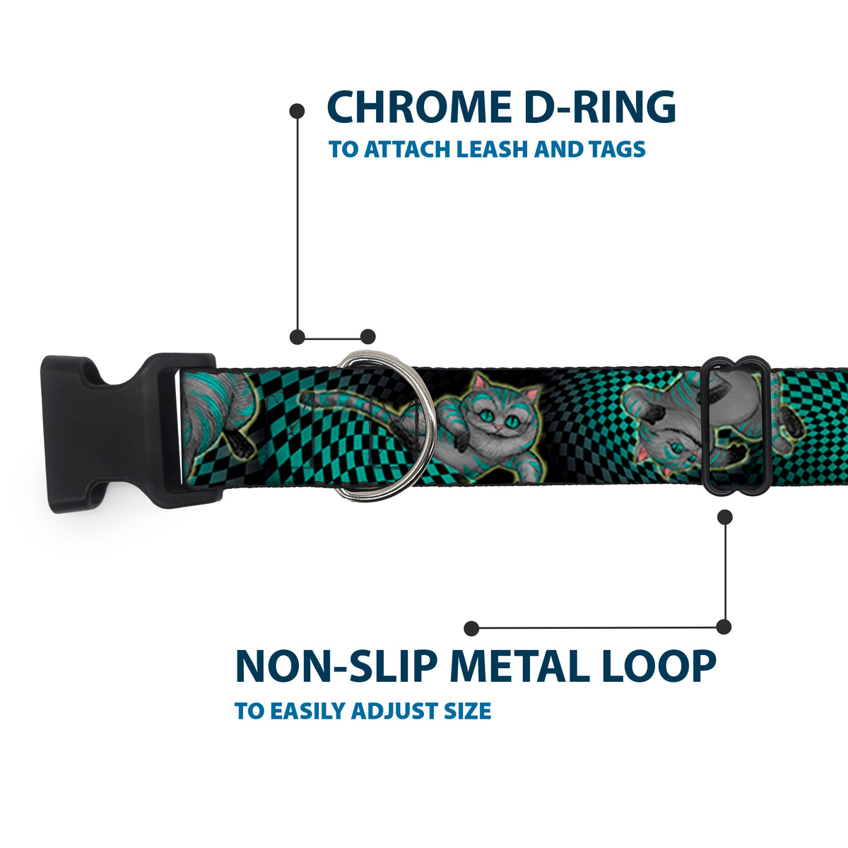 Plastic Clip Collar - Cheshire Cat 4-Poses Checkers Teal/Black Dog Collars Plastic Clip Side Release Disney