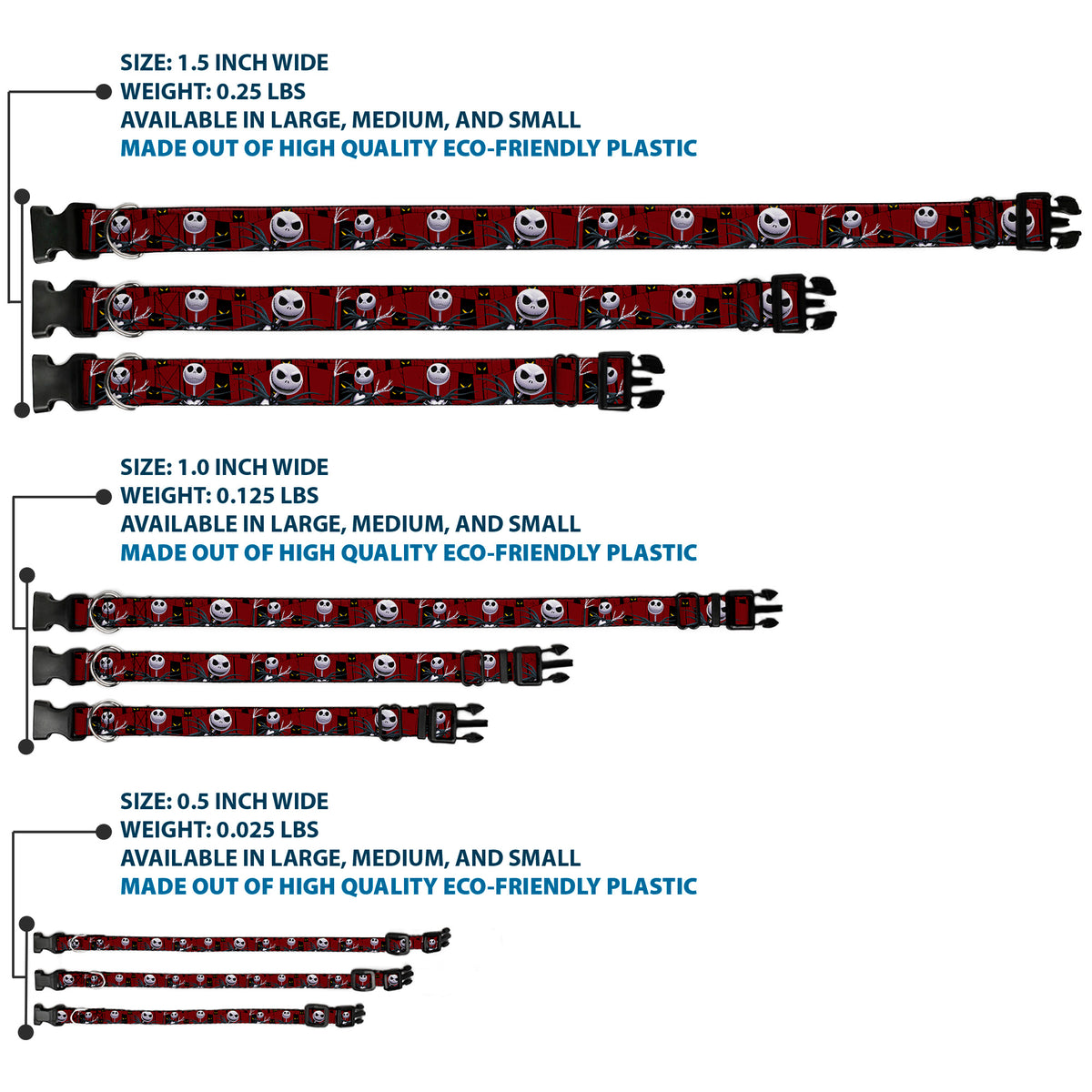 Plastic Clip Collar - Nightmare Before Christmas 3-Jack Poses/Peeping Eyes Burgundy/Black/Yellow Dog Collars Plastic Clip Side Release Disney