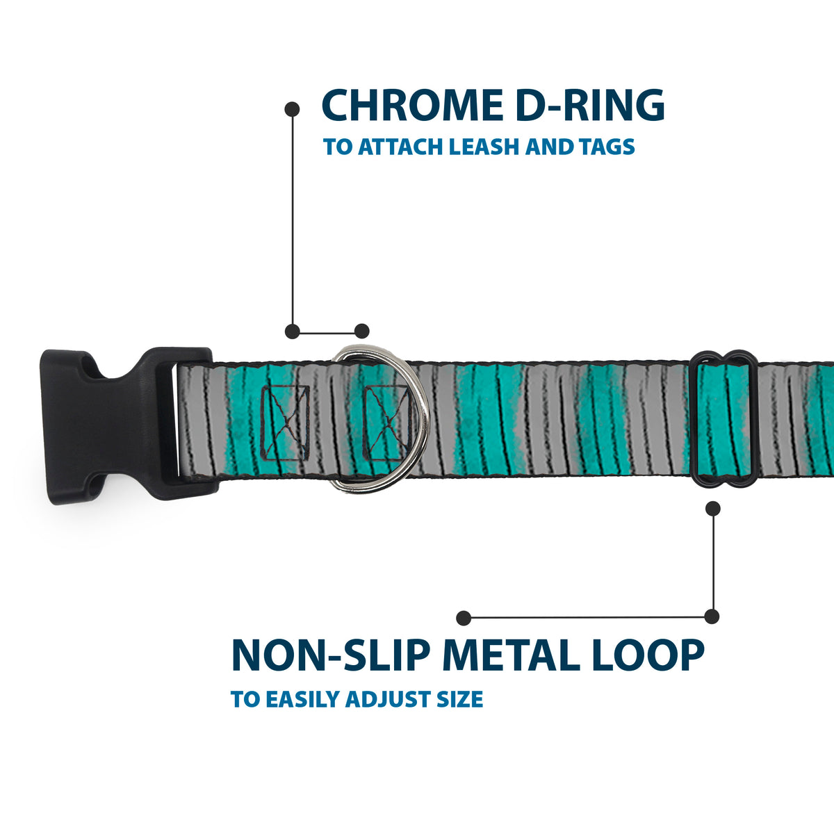 Plastic Clip Collar - Cheshire Cat Stripes Gray/Teal/Black Dog Collars Plastic Clip Side Release Disney