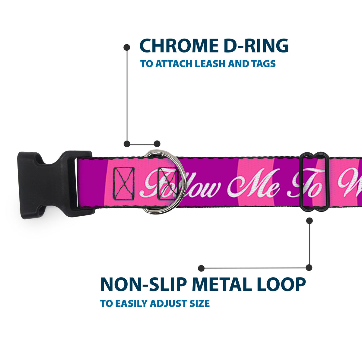 Plastic Clip Collar - Cheshire Cat Stripe/FOLLOW ME TO WONDERLAND Pink/Purple/White Dog Collars Plastic Clip Side Release Disney