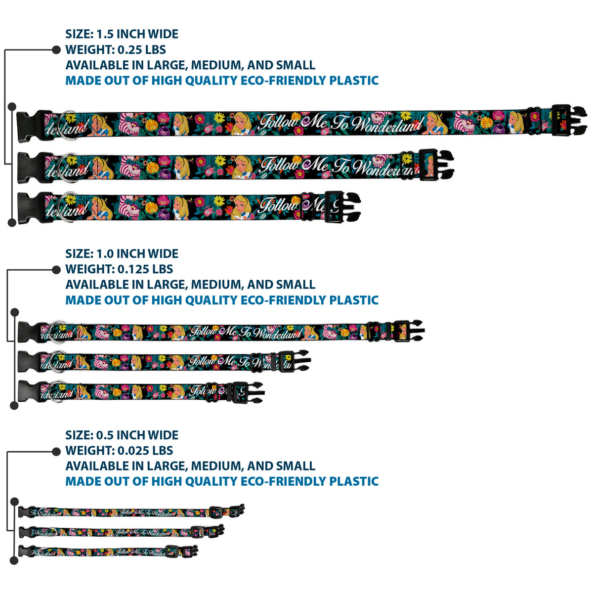 Plastic Clip Collar - Alice/Cheshire Cat/Flowers Poses2/FOLLOW ME TO WONDERLAND Black/Multi Color/White Dog Collars Plastic Clip Side Release Disney