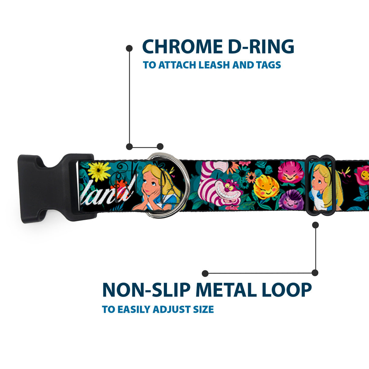 Plastic Clip Collar - Alice/Cheshire Cat/Flowers Poses2/FOLLOW ME TO WONDERLAND Black/Multi Color/White Dog Collars Plastic Clip Side Release Disney