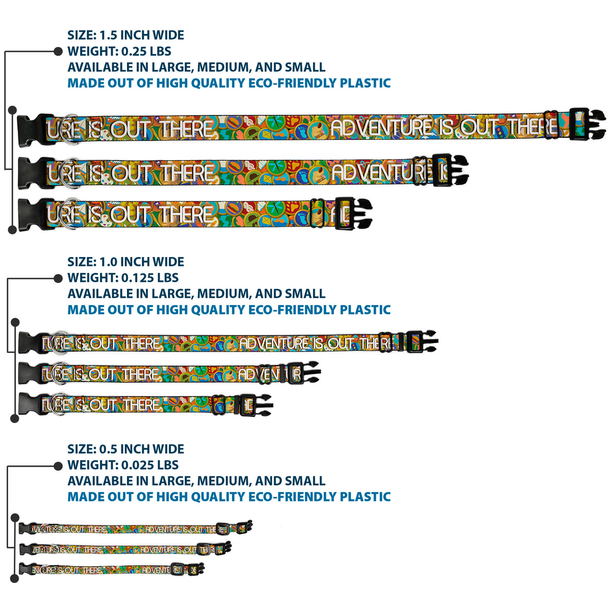 Plastic Clip Collar - ADVENTURE IS OUT THERE/Stacked Wilderness Explorer Badges Tan/Multi Color/White Dog Collars Plastic Clip Side Release Disney