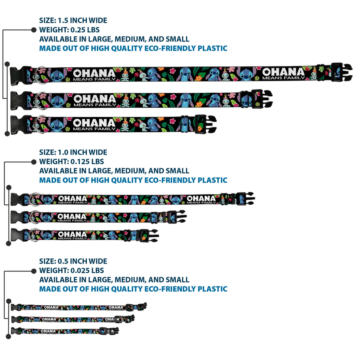 Plastic Clip Collar - OHANA MEANS FAMILY/Stitch & Scrump Poses/Tropical Flora Black/White/Multi Color Dog Collars Plastic Clip Side Release Disney