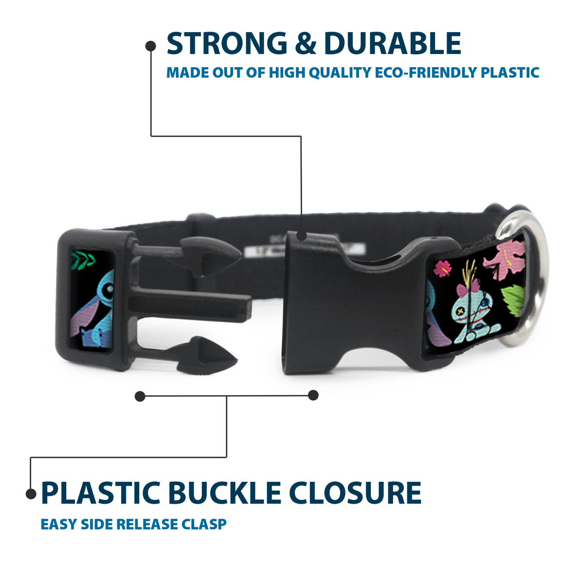 Plastic Clip Collar - OHANA MEANS FAMILY/Stitch & Scrump Poses/Tropical Flora Black/White/Multi Color Dog Collars Plastic Clip Side Release Disney