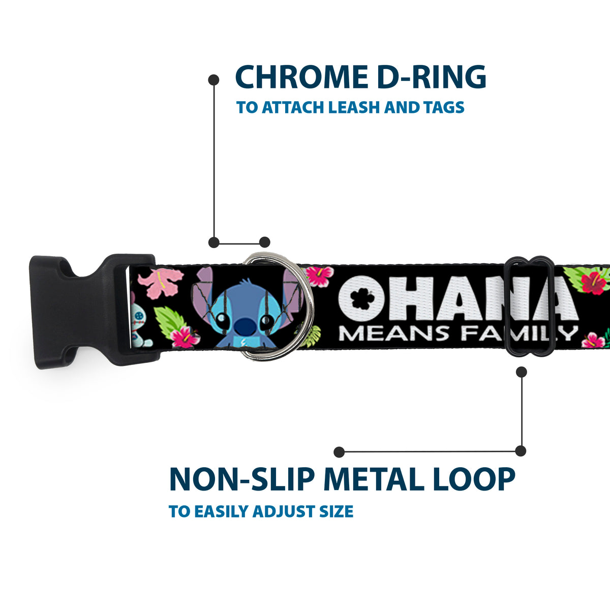 Plastic Clip Collar - OHANA MEANS FAMILY/Stitch & Scrump Poses/Tropical Flora Black/White/Multi Color Dog Collars Plastic Clip Side Release Disney