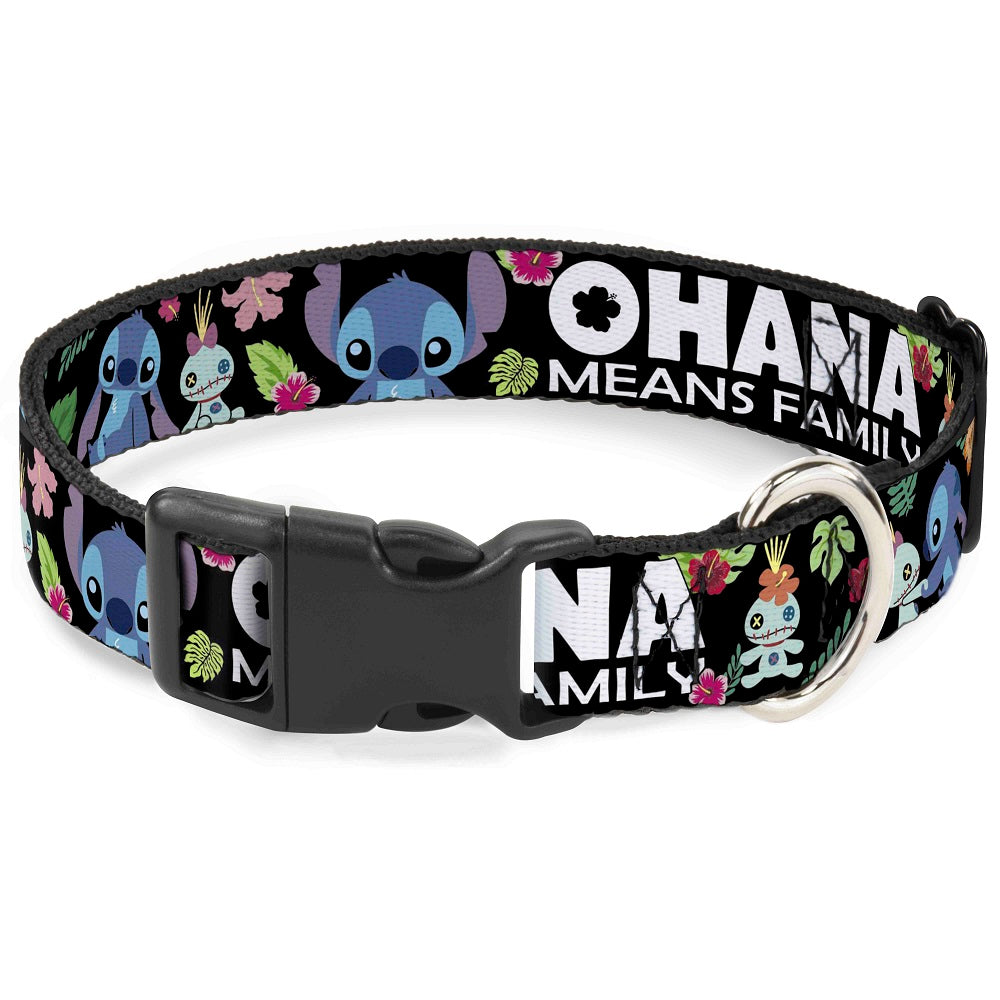 Plastic Clip Collar - OHANA MEANS FAMILY/Stitch & Scrump Poses/Tropical Flora Black/White/Multi Color Dog Collars Plastic Clip Side Release Disney