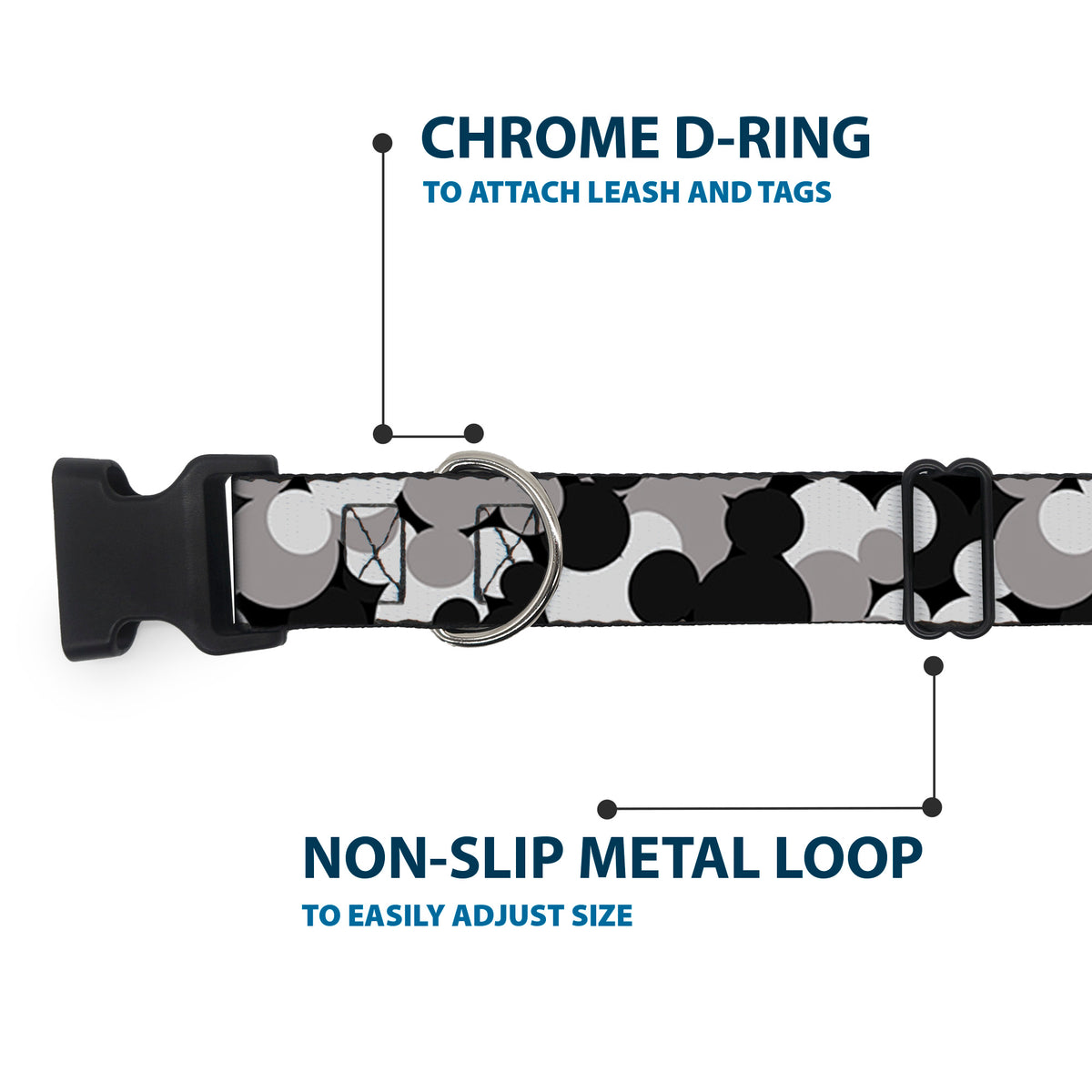 Plastic Clip Collar - Mickey Mouse Head Stacked Black/Grays Dog Collars Plastic Clip Side Release Disney