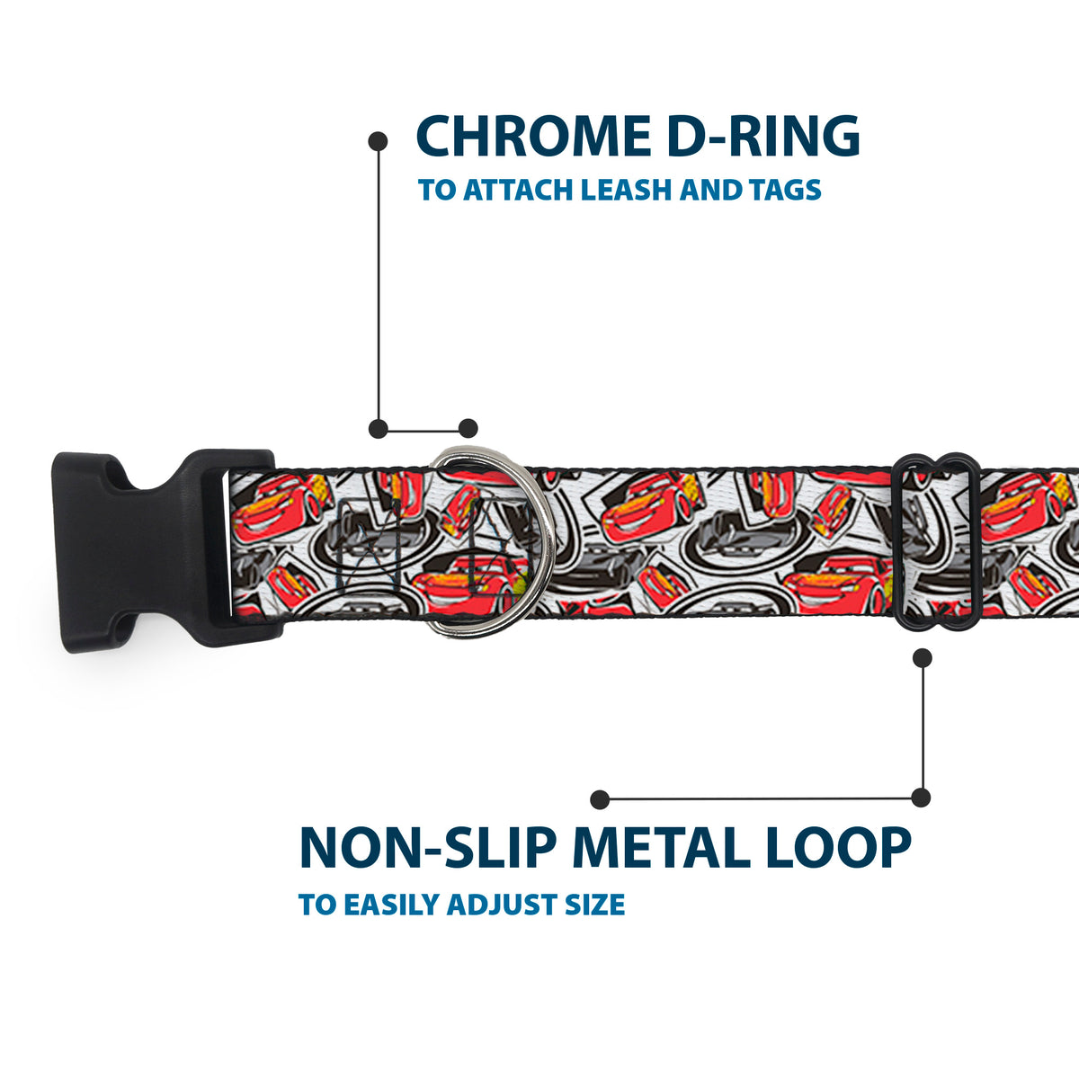 Plastic Clip Collar - Cars 3 Lightning McQueen/Storm Jackson Poses Scattered White Dog Collars Plastic Clip Side Release Disney