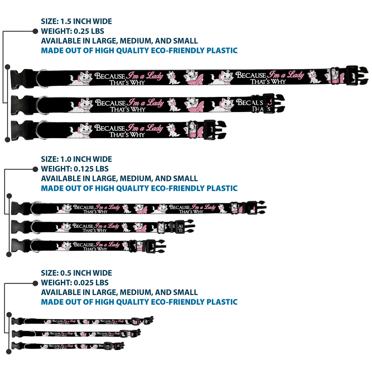 Plastic Clip Collar - Aristocats Marie 3-Poses BECAUSE I'M A LADY THAT'S WHY Black/White/Pink Dog Collars Plastic Clip Side Release Disney
