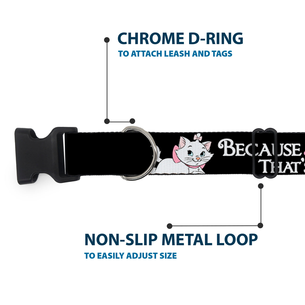 Plastic Clip Collar - Aristocats Marie 3-Poses BECAUSE I'M A LADY THAT'S WHY Black/White/Pink Dog Collars Plastic Clip Side Release Disney