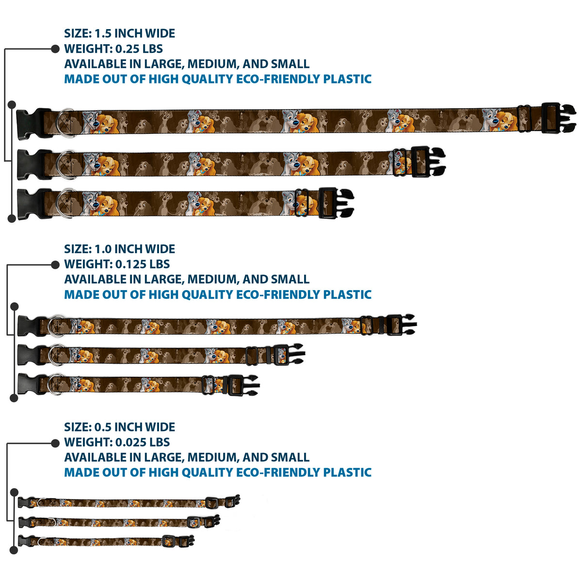 Plastic Clip Collar - Lady and Tramp 2-Poses/Spaghetti Kiss Scene Browns Dog Collars Plastic Clip Side Release Disney